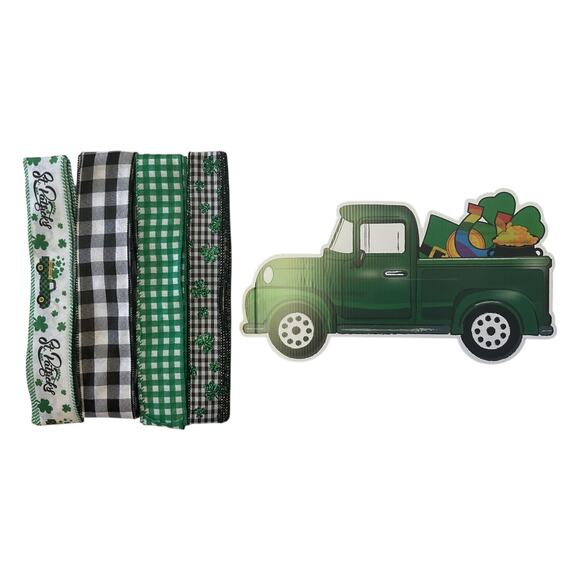 Shamrock Truck Saint Patrick’s Day Sign Ribbon Bundle Set, DIY Wreath Making Kit - Picture 4 of 4